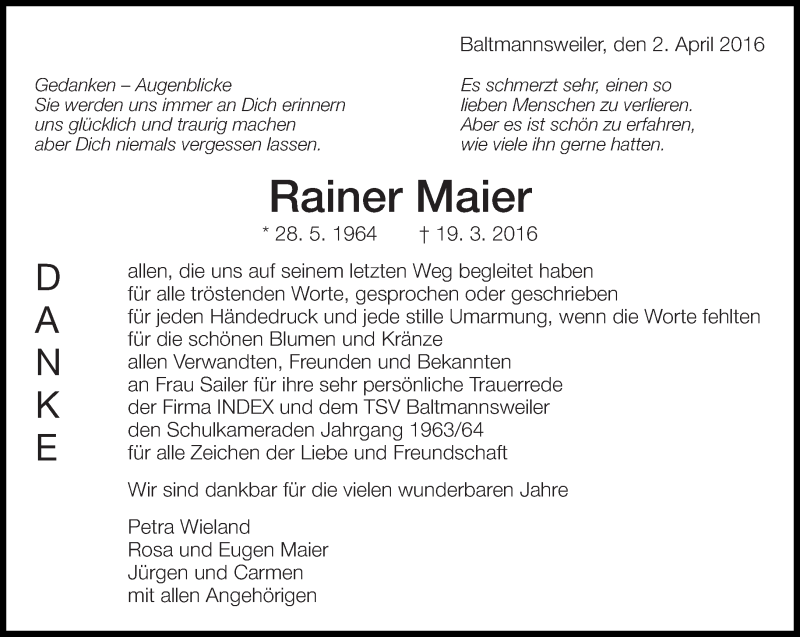  Traueranzeige für Rainer Maier vom 02.04.2016 aus Eßlinger Zeitung/Cannstatter Zeitung