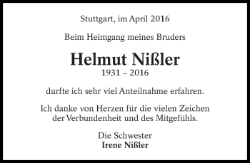 Traueranzeige von Helmut Nißler von Eßlinger Zeitung/Cannstatter Zeitung