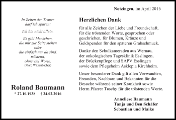 Traueranzeige von Roland Baumann von Eßlinger Zeitung/Cannstatter Zeitung