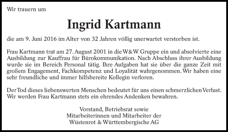  Traueranzeige für Ingrid Kartmann vom 14.06.2016 aus Eßlinger Zeitung/Cannstatter Zeitung
