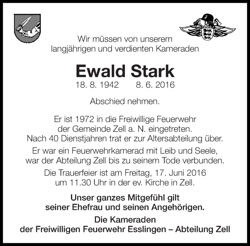  Traueranzeige für Ewald Stark vom 14.06.2016 aus Eßlinger Zeitung/Cannstatter Zeitung