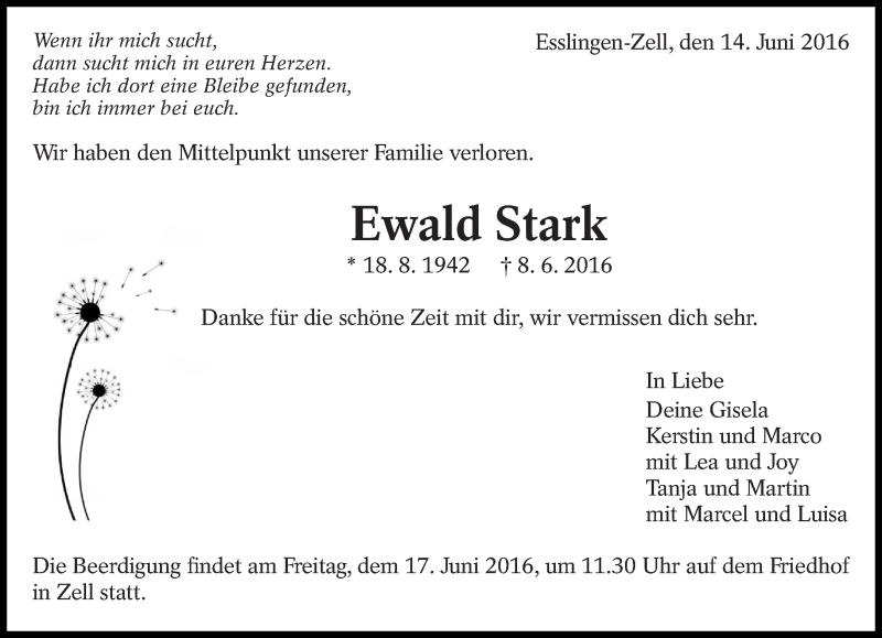  Traueranzeige für Ewald Stark vom 14.06.2016 aus Eßlinger Zeitung/Cannstatter Zeitung