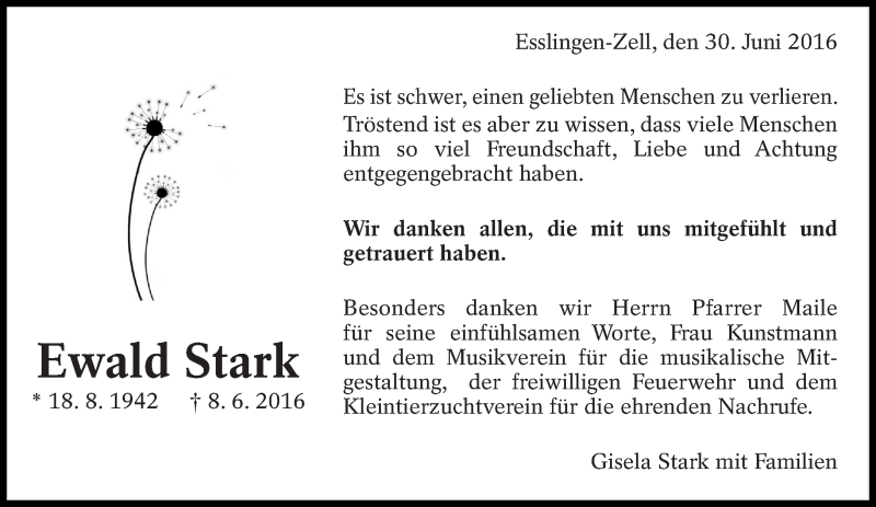  Traueranzeige für Ewald Stark vom 30.06.2016 aus Eßlinger Zeitung/Cannstatter Zeitung