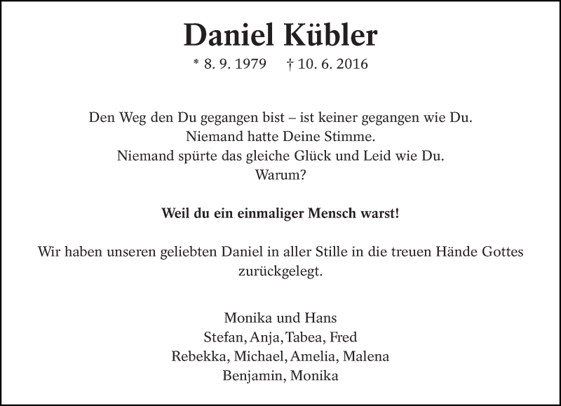  Traueranzeige für Daniel Kübler vom 18.06.2016 aus Eßlinger Zeitung/Cannstatter Zeitung