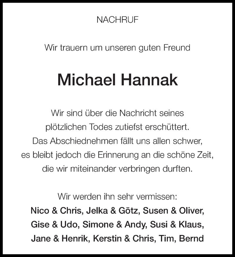  Traueranzeige für Michael Hannak vom 29.07.2016 aus Eßlinger Zeitung/Cannstatter Zeitung