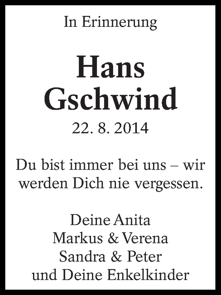  Traueranzeige für Hans Gschwind vom 22.08.2016 aus Eßlinger Zeitung/Cannstatter Zeitung
