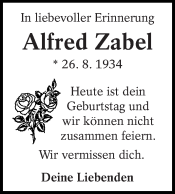 Traueranzeige von Alfred Zabel von Eßlinger Zeitung/Cannstatter Zeitung