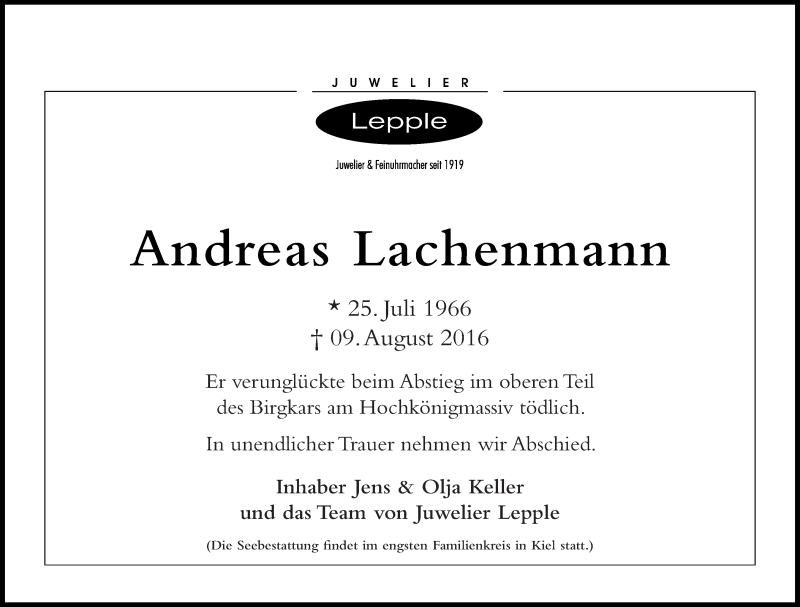  Traueranzeige für Andreas Lachenmann vom 13.08.2016 aus Eßlinger Zeitung/Cannstatter Zeitung