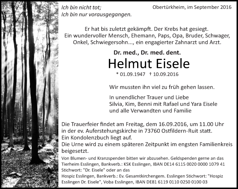  Traueranzeige für Helmut Eisele vom 13.09.2016 aus Eßlinger Zeitung/Cannstatter Zeitung