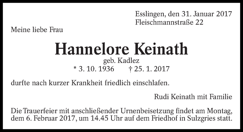  Traueranzeige für Hannelore Keinath vom 31.01.2017 aus Eßlinger Zeitung/Cannstatter Zeitung