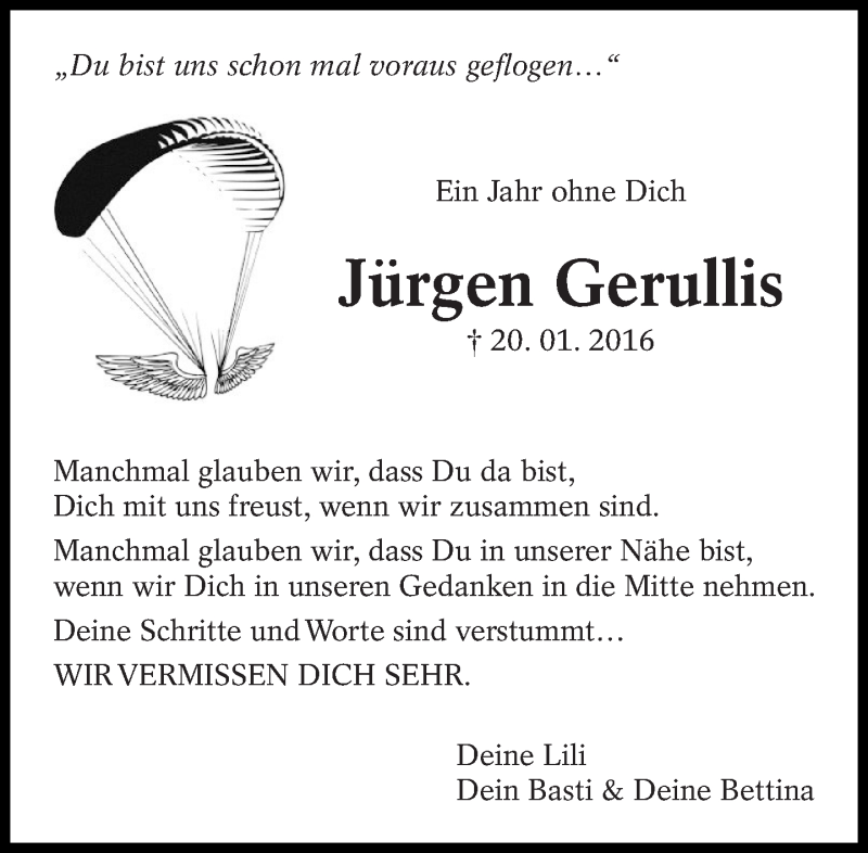  Traueranzeige für Jürgen Gerullis vom 20.01.2017 aus Eßlinger Zeitung/Cannstatter Zeitung