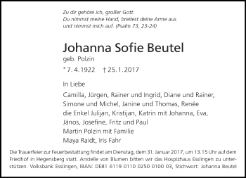 Traueranzeige von Johanna Sofie Beutel von Eßlinger Zeitung/Cannstatter Zeitung