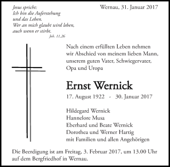 Traueranzeige von Ernst Wernick von Eßlinger Zeitung/Cannstatter Zeitung