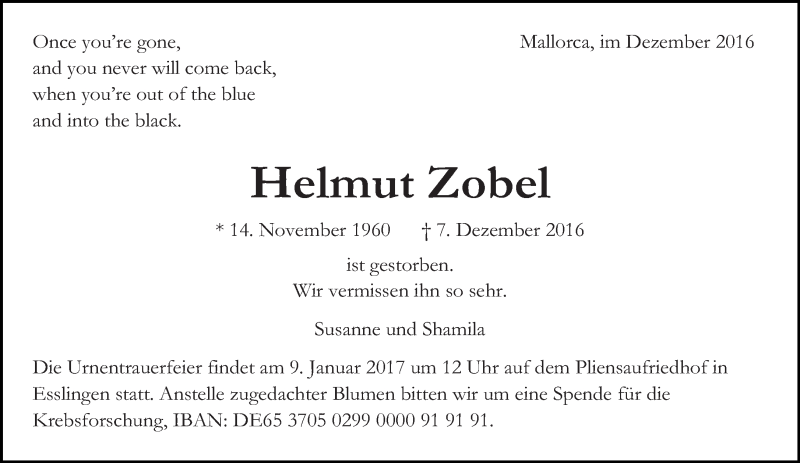  Traueranzeige für Helmut Zobel vom 05.01.2017 aus Eßlinger Zeitung/Cannstatter Zeitung