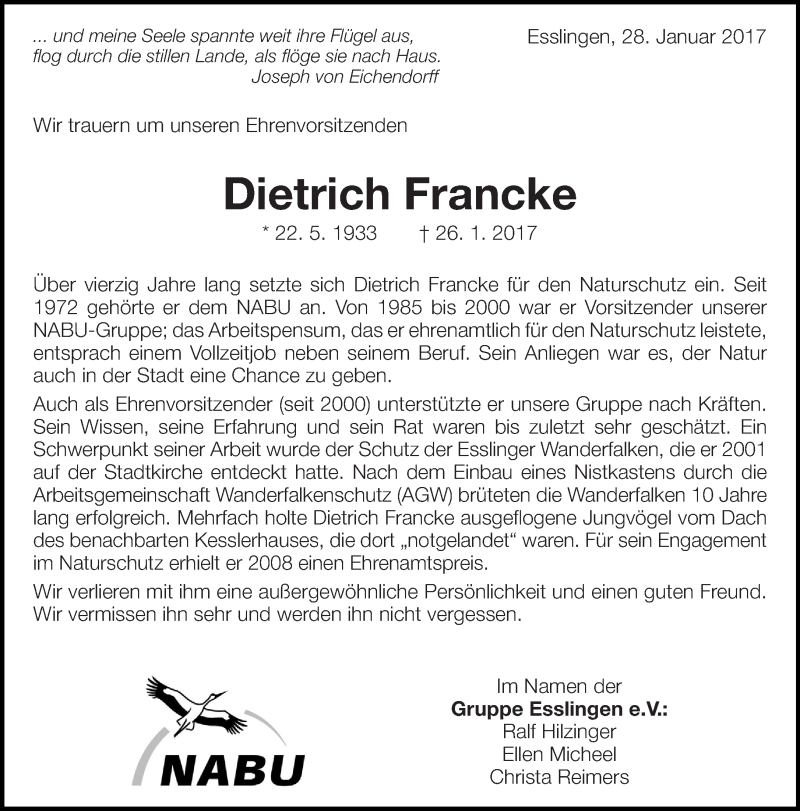  Traueranzeige für Dietrich Francke vom 31.01.2017 aus Eßlinger Zeitung/Cannstatter Zeitung