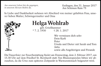 Traueranzeige von Helga Wohlrab von Eßlinger Zeitung/Cannstatter Zeitung
