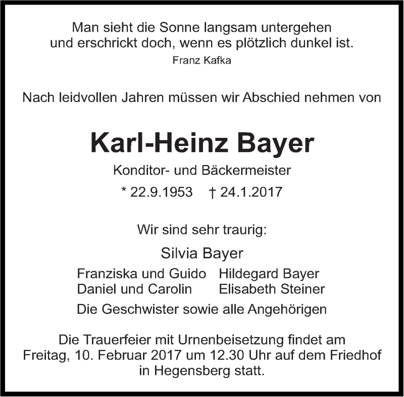  Traueranzeige für Karl-Heinz Bayer vom 28.01.2017 aus Eßlinger Zeitung/Cannstatter Zeitung