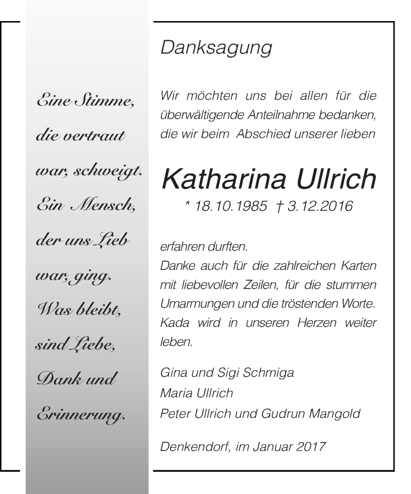  Traueranzeige für Katharina Ullrich vom 12.01.2017 aus Eßlinger Zeitung/Cannstatter Zeitung