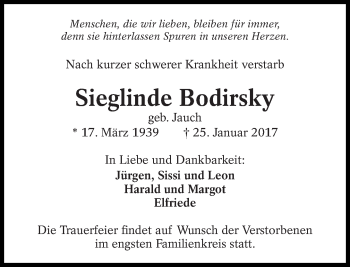 Traueranzeige von Sieglinde Bodirsky von Eßlinger Zeitung/Cannstatter Zeitung