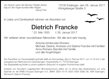 Traueranzeige von Dietrich Francke von Eßlinger Zeitung/Cannstatter Zeitung