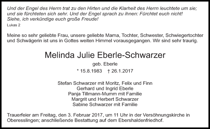 Traueranzeige für Melinda Julie Eberle-Schwarzer vom 30.01.2017 aus Eßlinger Zeitung/Cannstatter Zeitung