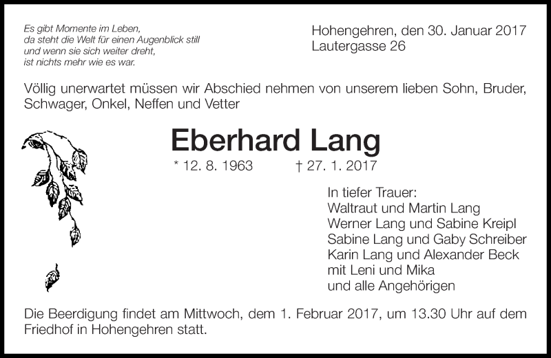  Traueranzeige für Eberhard Lang vom 30.01.2017 aus Eßlinger Zeitung/Cannstatter Zeitung