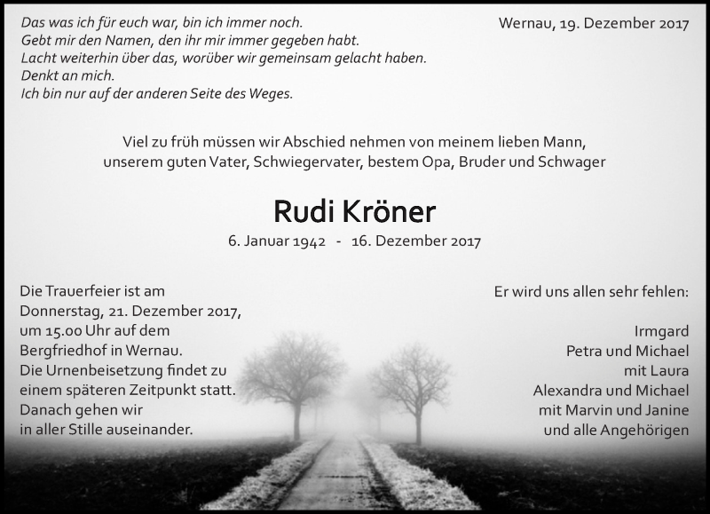  Traueranzeige für Rudi Kröner vom 19.12.2017 aus Eßlinger Zeitung/Cannstatter Zeitung