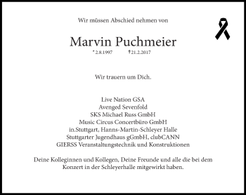 Traueranzeige von Marvin Puchmeier von Eßlinger Zeitung/Cannstatter Zeitung