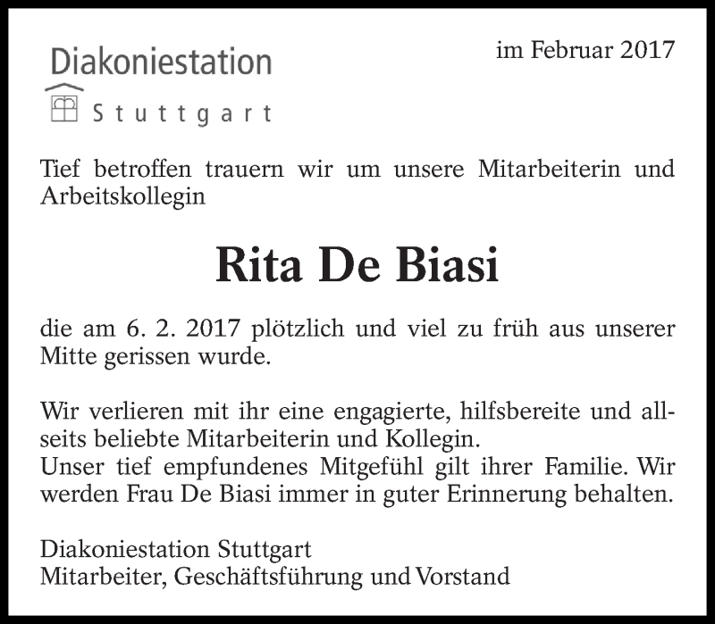  Traueranzeige für Rita De Biasi vom 25.02.2017 aus Eßlinger Zeitung/Cannstatter Zeitung