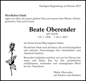 Traueranzeige von Beate Oberender von Eßlinger Zeitung/Cannstatter Zeitung