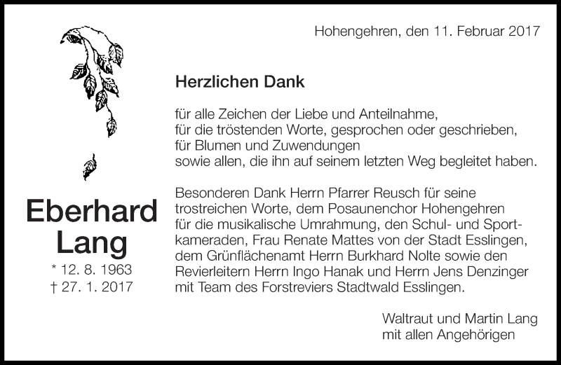  Traueranzeige für Eberhard Lang vom 11.02.2017 aus Eßlinger Zeitung/Cannstatter Zeitung