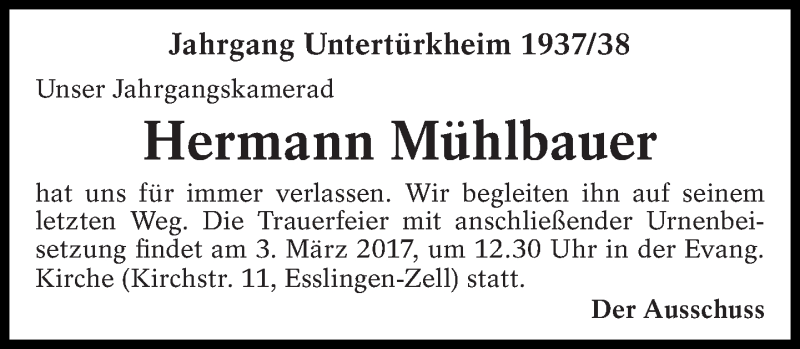  Traueranzeige für Hermann Mühlbauer vom 28.02.2017 aus Eßlinger Zeitung/Cannstatter Zeitung