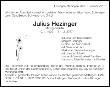 Traueranzeige von Julius Hezinger von Eßlinger Zeitung/Cannstatter Zeitung