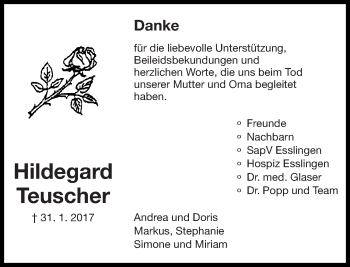 Traueranzeige von Hildegard Teuscher von Eßlinger Zeitung/Cannstatter Zeitung