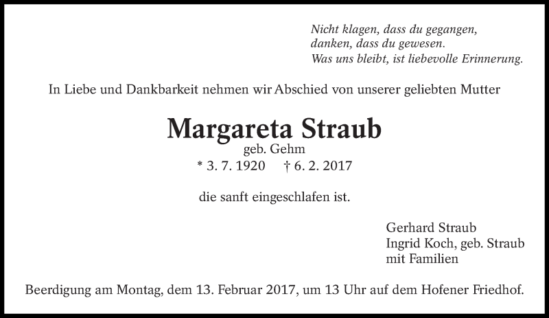 Traueranzeige für Margareta Straub vom 09.02.2017 aus Eßlinger Zeitung/Cannstatter Zeitung