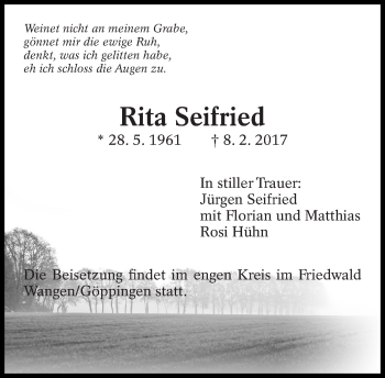 Traueranzeige von Rita Seifried von Eßlinger Zeitung/Cannstatter Zeitung