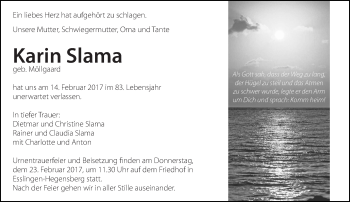 Traueranzeige von Karin Slama von Eßlinger Zeitung/Cannstatter Zeitung