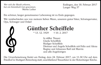 Traueranzeige von Günther Scheiffele von Eßlinger Zeitung/Cannstatter Zeitung