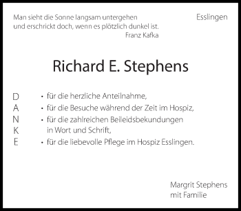 Traueranzeige von Richard E. Stephens von Eßlinger Zeitung/Cannstatter Zeitung