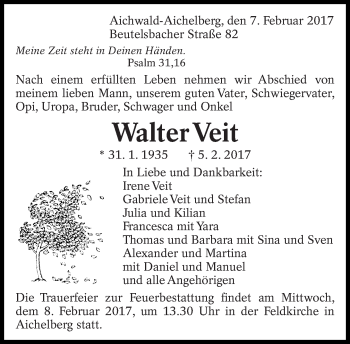 Traueranzeige von Walter Veit von Eßlinger Zeitung/Cannstatter Zeitung