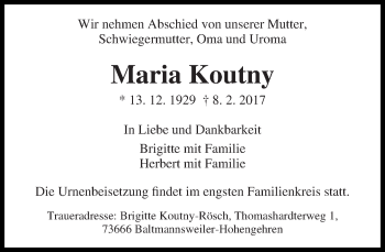 Traueranzeige von Maria Koutny von Eßlinger Zeitung/Cannstatter Zeitung