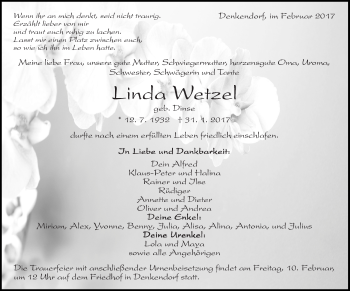 Traueranzeige von Linda Wetzel von Eßlinger Zeitung/Cannstatter Zeitung