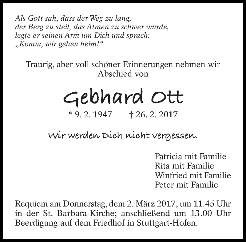  Traueranzeige für Gebhard Ott vom 28.02.2017 aus Eßlinger Zeitung/Cannstatter Zeitung