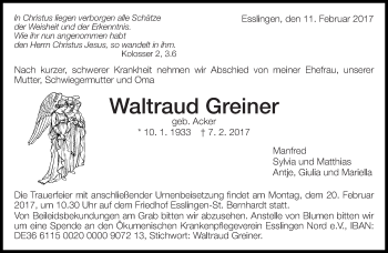 Traueranzeige von Waltraud Greiner von Eßlinger Zeitung/Cannstatter Zeitung