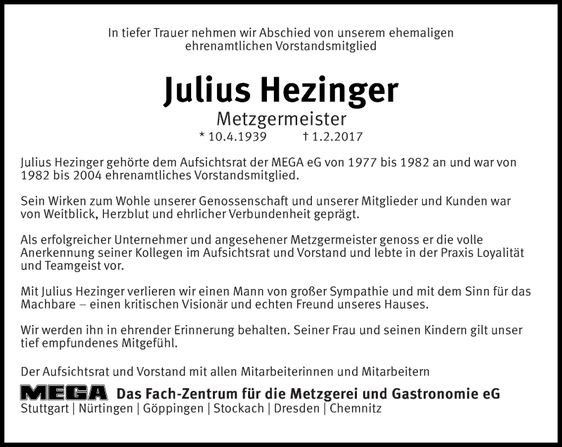  Traueranzeige für Julius Hezinger vom 06.02.2017 aus Eßlinger Zeitung/Cannstatter Zeitung