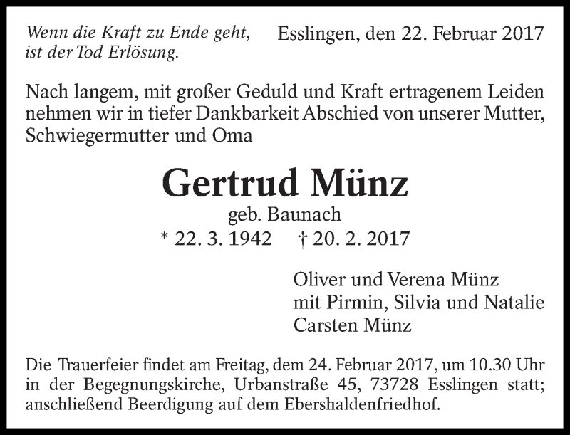  Traueranzeige für Gertrud Münz vom 22.02.2017 aus Eßlinger Zeitung/Cannstatter Zeitung