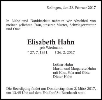 Traueranzeige von Elisabeth Hahn von Eßlinger Zeitung/Cannstatter Zeitung