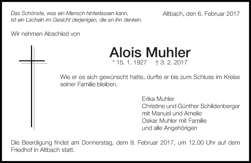  Traueranzeige für Alois Muhler vom 06.02.2017 aus Eßlinger Zeitung/Cannstatter Zeitung
