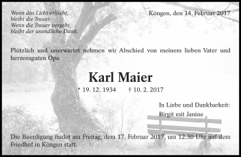 Traueranzeige von Karl Maier von Eßlinger Zeitung/Cannstatter Zeitung