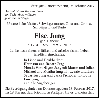 Traueranzeige von Else Jung von Eßlinger Zeitung/Cannstatter Zeitung